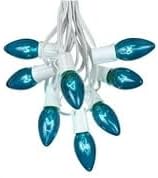 Novelty Lights Teal Hanging Incandescent Christmas String Lights - Retro Traditional C9 Indoor/Outdoor Light Set w/ 25 Mini Bulbs for Roof Lines, Patios (White Wire, 25' Long)