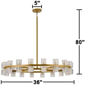 Modern 36 Inch Gold Crystal Wagon Wheel Chandelier, Large Round 36-Light Pendant Lighting Fixture, Adjustable Height for High Ceilings Living Room, Dining Room, Foyer, Entryways (gold-36in)