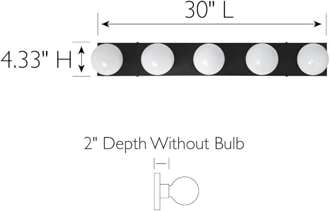 Design House Vanity Lights, 5 Linear Lights, Dimmable, Horizontal or Vertical Use, Uses (5) 60W Bulbs, for Bathroom/Makeup Vanity, Matte Black, 30.0 in. W x 2.0 in. H x 4.3 in. D, 588582-BLK