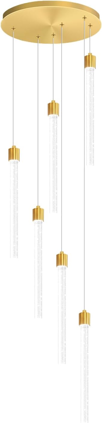 6-Light Modern Gold Crystal Chandelier for Spiral Staircase High Ceiling Chandeliers Bubble Crystal Chandelier Lighting Cluster Hanging Light Fixture for Living Room Foyer