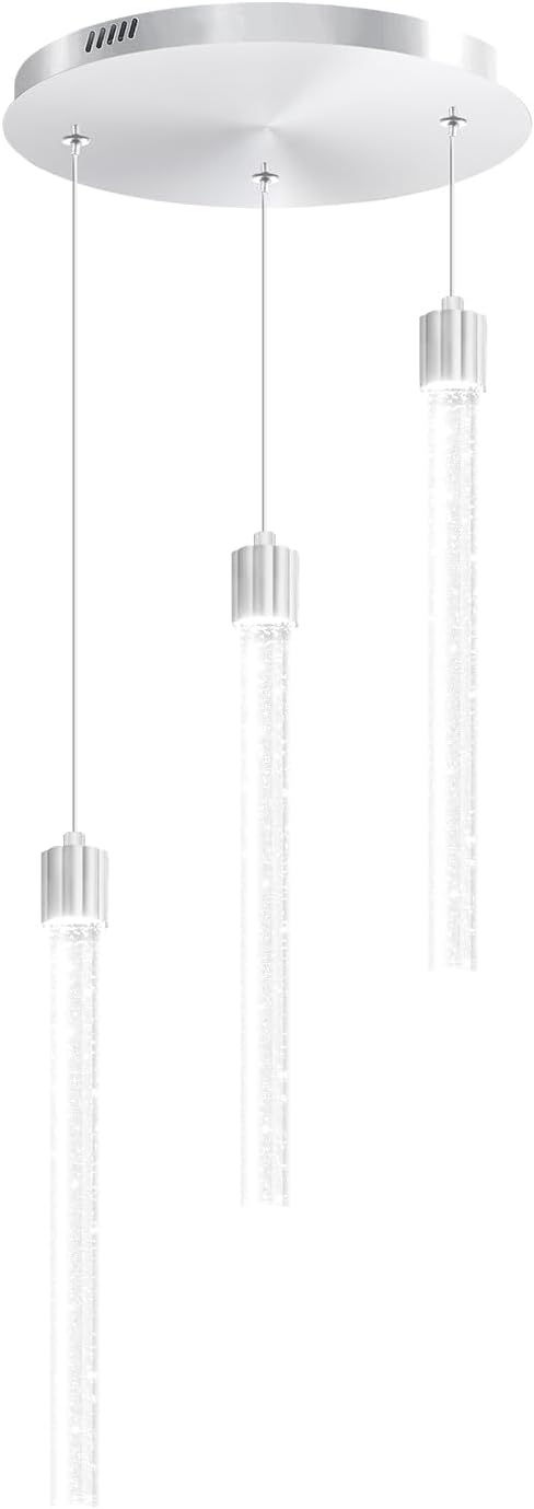 Modern Led Crystal Column Chandelier 3-Light Silver LED Pendant Light for Kitchen Island Foyer Entryway Dimmable Hanging Pendant Lighting 2700K-6000K