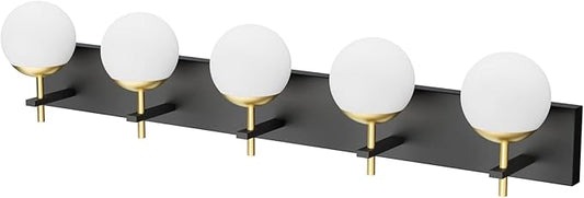 Ralbay Mid Century Modern Vanity Lights - 5-Light Milky Glass Globe Modern Bathroom Vanity Lights Over Long Mirror, Black/Golden Bathroom Wall Light Fixture
