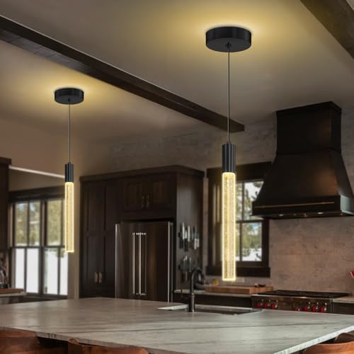 Modern Black Crystal Column Pendant Light Kitchen Island Dimmable LED Lighting Adjustable Hanging Pendant Lighting