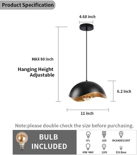 Modern Wave Pendant Light, 11" Black and Gold Dome Shade, LED Ceiling Light Fixture with Globe Bulb, Contemporary Hanging Light for Kitchen, Dining Room, Bedroom (2 Pack)