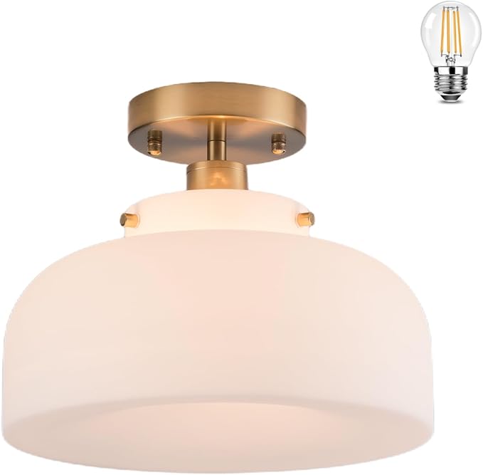 Semi Flush Mount Ceiling Light Fixture, 11.7 Inch Copper Finish with Milk Glass Schoolhouse Style for Kitchen Hallway Entryway