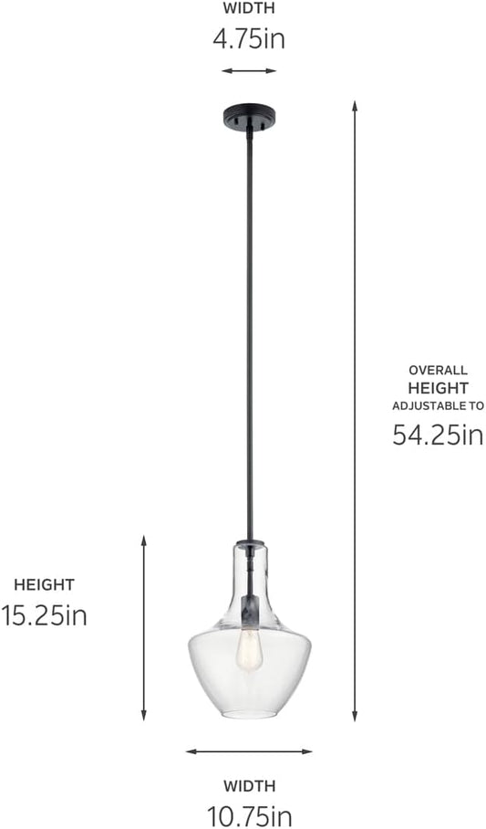 Kichler Everly 1-Light Pendant Light Fixture with Clear Glass Bell Shade in Black Finish for Kitchen Island, Dining Room, Living Room (15.25" x 10.5"), 42141BK