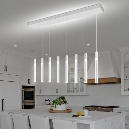 8-Light Silver Rectangular LED Chandelier, Bubble Crystal Column Chandeliers, Modern Dimmable Adjustable Height Hanging Light for Kitchen Island, Over Dining Room Table