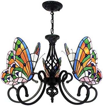 Pendant Lighting LED Chandelier Light Antique Tiffany Style Stained Glass with Butterfly Shaped Lamp Shade Hanging Light for Dining Living Cafe Room Restaurant - TYP A-Butterfly -5 Lights