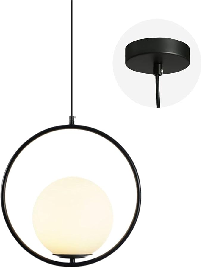 Vintage Pendant Light 1-Light Black Glass Globe Ceiling Pendant Lamp Chandelier Oval Shape Hanging Pendant Light Fixtures for Bedroom Living Dining Room Kitchen (Round(25cm))