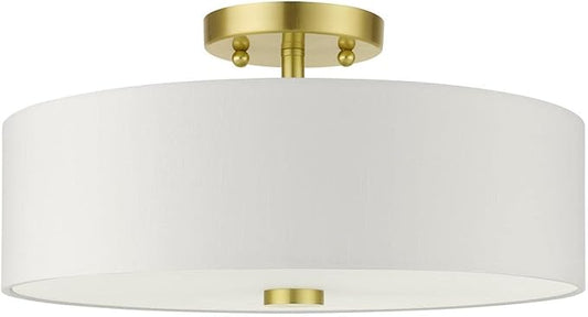 Livex Lighting 51054-12 Meridian Collection 3-Light Semi Flush Mount Ceiling Light with Off-White Hardback Fabric Shade, Satin Brass