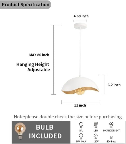 Modern White LED Pendant Light (LED Bulb Included), Soft Ambient Hanging Lamp, Minimalist Ceiling Fixture for Kitchen Island, Dining Room, Scandinavian Style Lighting (2 Pack)