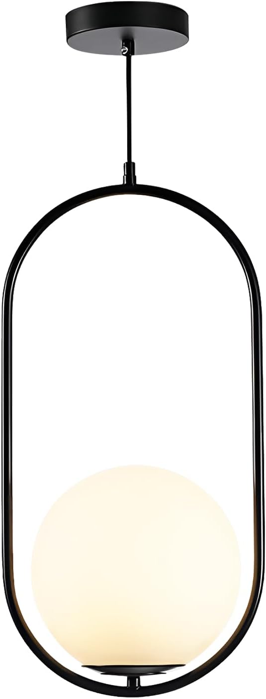 Modern Black Pendant Light, Bedside Matte Pendant Lights with White Glass Shade, Large Globe Ceiling Light for Kitchen Island Bedroom