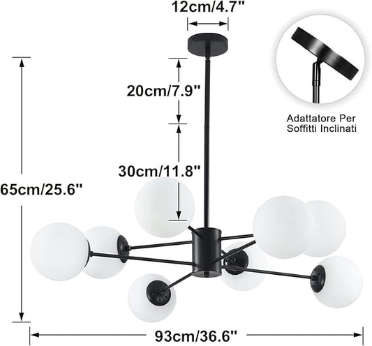 KCO Lighting Black Sputnik Chandelier Ceiling Mount 8-Light Glass Globe Sputnik Chandelier Mid Century Modern Chandelier Light Fixture Kitchen Island Sputnik (Black+White)