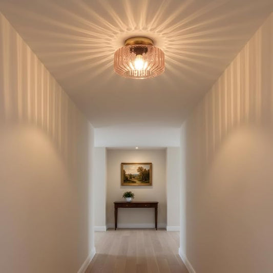 Pink Ribbed Glass Flush Mount Ceiling Light, 8.66" Modern Gold Semi-Flush Mount Light Fixture, Mid-Century Round Ceiling Lamp with E26 Base for Bedroom Bathroom Hallway