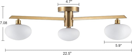 3-Light Mid Century Modern Ceiling Light 22.5" Gold Semi Flush Mount Ceiling Light with Milk Glass Shade for Bedroom, Entryway, Hallway, Kitchen lsland, Dining Room & Living Room