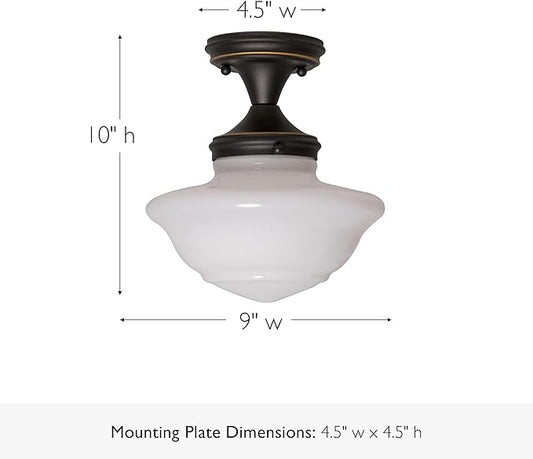 Design House Vintage-Inspired Schoolhouse Semi-Flush Mount Ceiling Light, 9 in x 9 in x 10 in, Oil-Rubbed Bronze, White Glass Shade, 507502