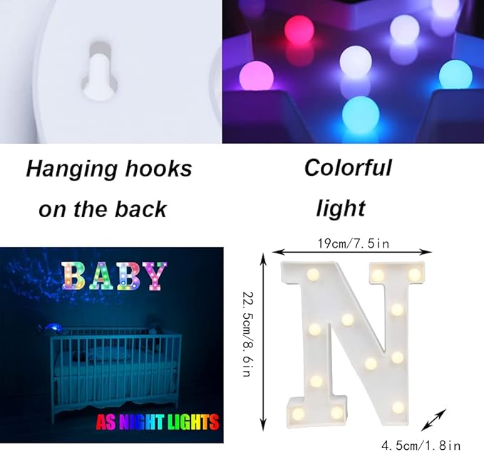 LED Marquee Letter Lights, 18 Colors Changing Light Up Letters with Remote, RGB Alphabet Letters Sign for Girls Boys Gift Birthday Party Night Light Bedroom Wedding Christmas Decor-Colorful N