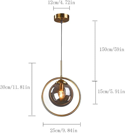 Pendant Light Modern Minimalist Hanging Lamp with Spherical Glass Shade and Brass Metal Ring Adjustable Height for Dining Room Bedroom Living Room (Smoke Grey)