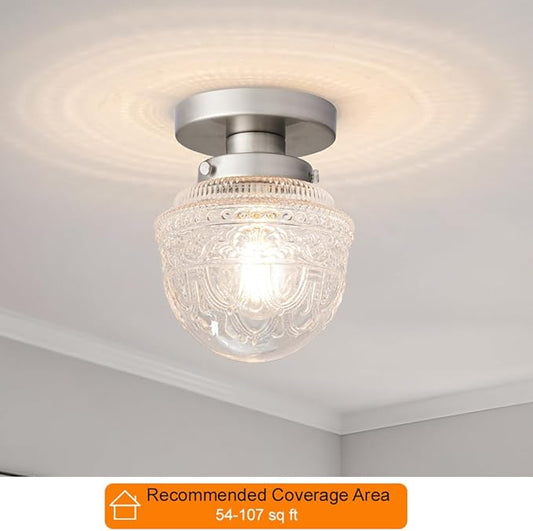 DSMJFU Brushed Nickel Semi Flush Mount Ceiling Light, Small Blowing Clear Glass Shade Ceiling Light Fixtures for Bedroom Closet Bathroom Hallway Kitchen