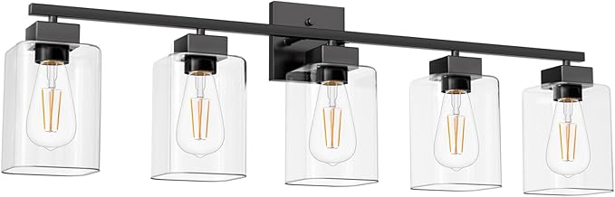 5 Light Bathroom Vanity Light - Matte Black Bathroom Light Fixtures Square Design & UL Certification, 31 Inch Black Bath Room Lighting Fixtures Over Mirror for Living Room & Bedroom & Restroom