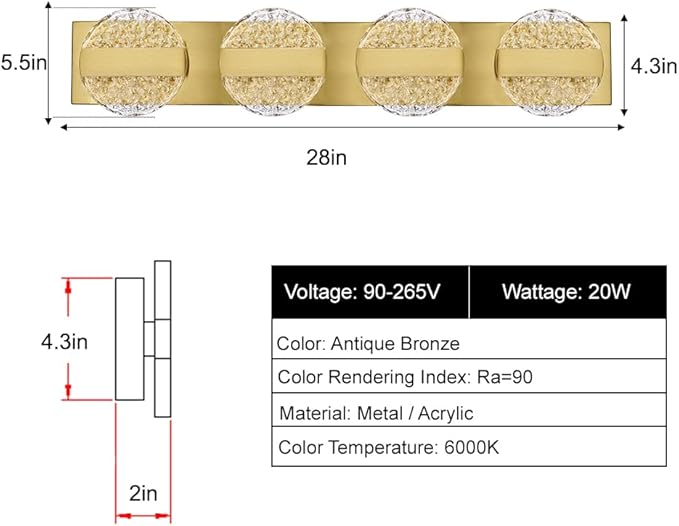 Luxury Brushed Gold Bathroom Vanity Light with High CRI 90+ LED for True Colors, 20W 6000K Cool White Modern Bathroom Lights Fixture Over Mirror for Makeup & Shaving