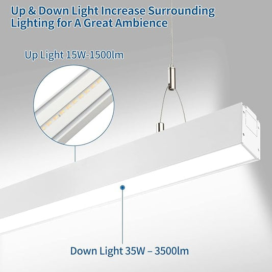 DAKASON 4FT Linkable LED Linear Light, 35W Down and15W Up Light, 3/4/5000K CCT Selectable, Commercial Linear Lighting Fixture for Office, Dimmable Suspended Lighting for School 1Pack White