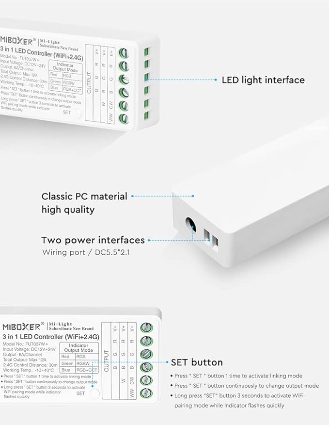 LGIDTECH FUT037W+ Miboxer 3 in 1 LED Strip Light Controller DC12-24V,Smartphone APP Control Directly,Compatible with Amazon Echo Alexa Google Home Voice Control
