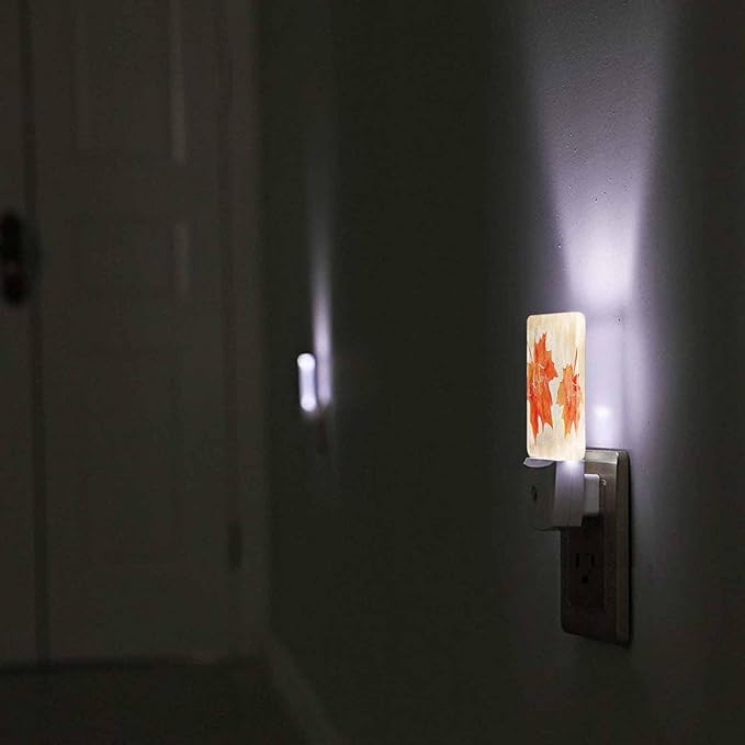 LED Night Light Plug into Wall with Dusk to Dawn Light Sensor White Energy Efficient Orange Watercolor Autumn Maple Leaves Nightlight for Bedroom Bathroom Hallway Living Room Kitchen