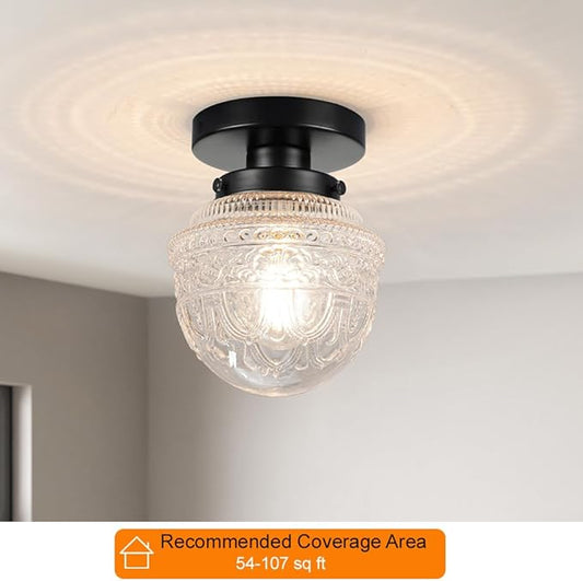 DSMJFU Black Semi Flush Mount Ceiling Light, Small Hallway Light Fixture, Vintage Close to Ceiling Light Fixture for Bathroom, Entryway, Foyer, Closet