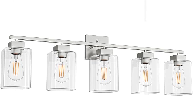 5 Light Bathroom Vanity Light - Brush Nickel Bathroom Light Fixtures Square Design & UL Certification, 31 Inch Long Light Fixtures Over Mirror for Bedroom & Restroom