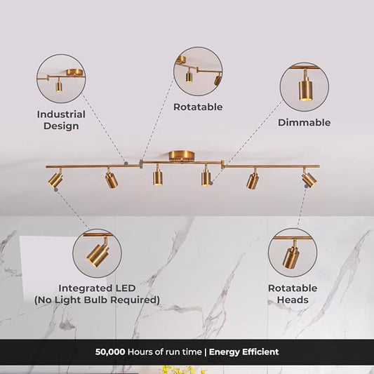 Shura Brushed Brass 6-Light Swivel Track Light with Rotatable Heads & Adjustable Arms, Integrated LED Bulbs, 5 ft. Ceiling Track Lighting Kit, 3000K, 3000 Lumens