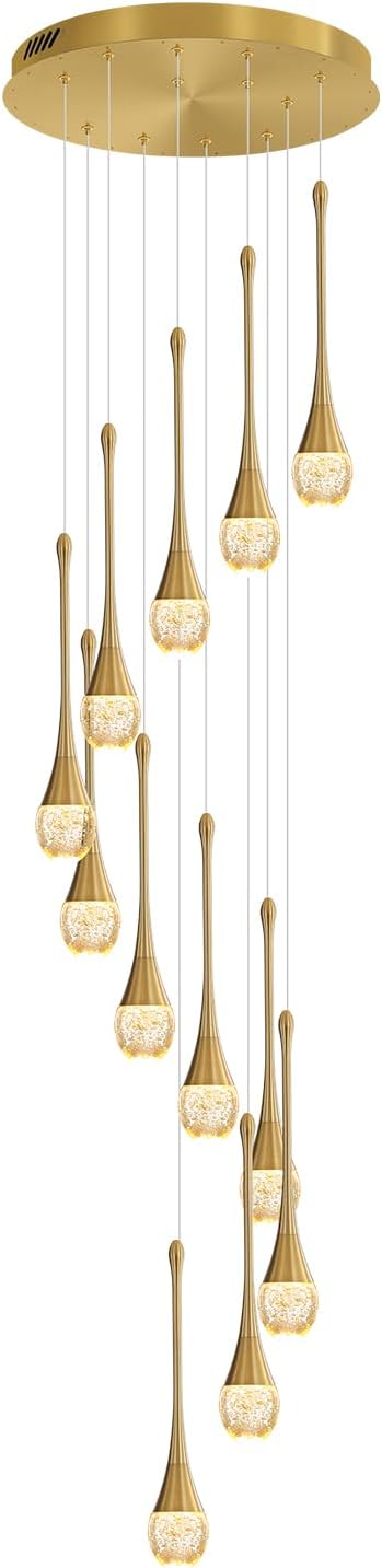 ykolupty 12-Lights Staircase Chandelier Gold Pendant Light Fixture for Sloped High Ceiling Raindrop Chandelier for Living Room Foyer Hallway Villa