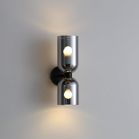 Modern Glass Wall Sconces- Double Head Wall Lighting with Long Short Glass Shades- Bathroom Vanity Light Mid-Century Up Down Hardwired Wall Lamp Indoor for Bedroom Hallway Living (Black-Gray)