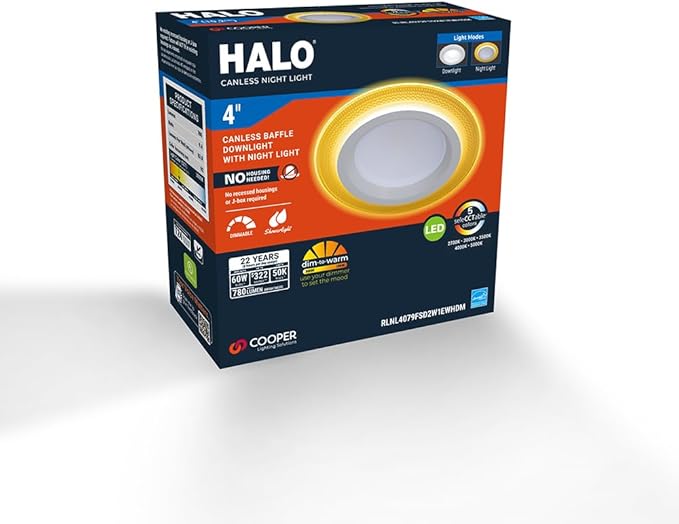 HALO RL 4 inch Recessed LED Canless Night Light Downlight, 750 Lumens, Selectable 2700K-5000K CCT with Dim to Warm, 2-Mode Toggle Switch for Nursery, Bathroom, Matte White - RLNL4079FSD2W1EWHDM