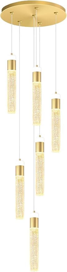 6-Light Gold Long Crystal Column Chandelier for High Ceiling Modern LED Crystal Raindrop Chandeliers for Living Room Foyer Chandelier Lighting, Dimmable 3000k-6000K