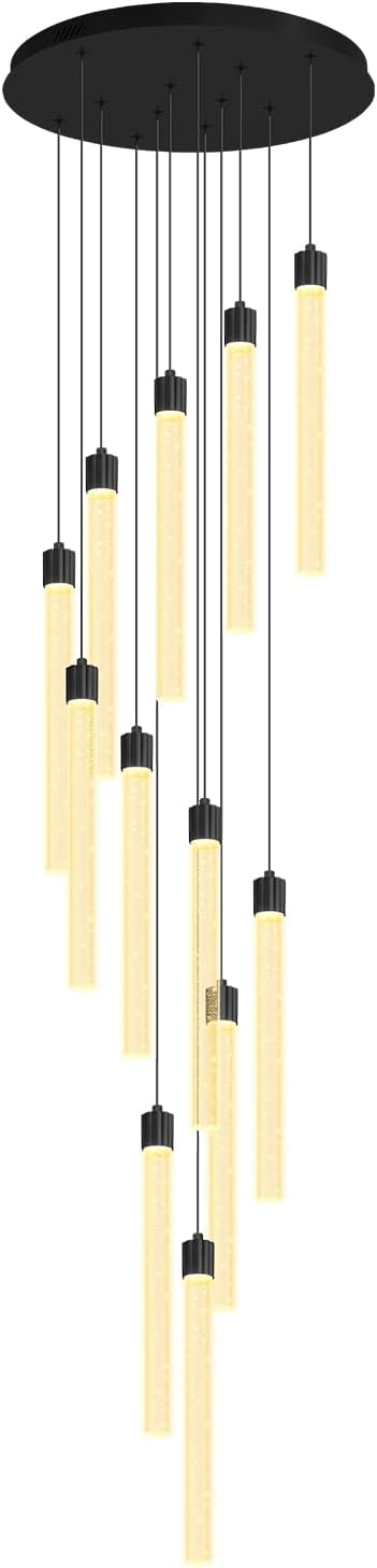 118'' Modern Crystal Column Chandelier for High Ceiling LED Dimmable Crystal Pendant Light Staircase Foyer Enterway Living Room Ceiling Chandelier Lighting Black 12 Lights