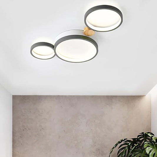 3-Lights LED Ceiling Light Fixture,22 Inch Modern Ceiling Lights Flush Mount Wooden 20W Dimmable Chandelier for Living Room Bedroom Kitchen,3000K/4000K/6000K Temperatures Selectable Grey