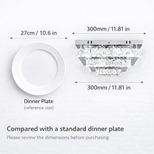 Dimmable Crystal LED Flush Mount Ceiling Light, 11.8"×9.1" Rectangular Close to Ceiling Chandelier, 24W K9 Crystal & Stainless Steel, Remote & App Control, 2700–6500K CCT for Bedroom Living Room