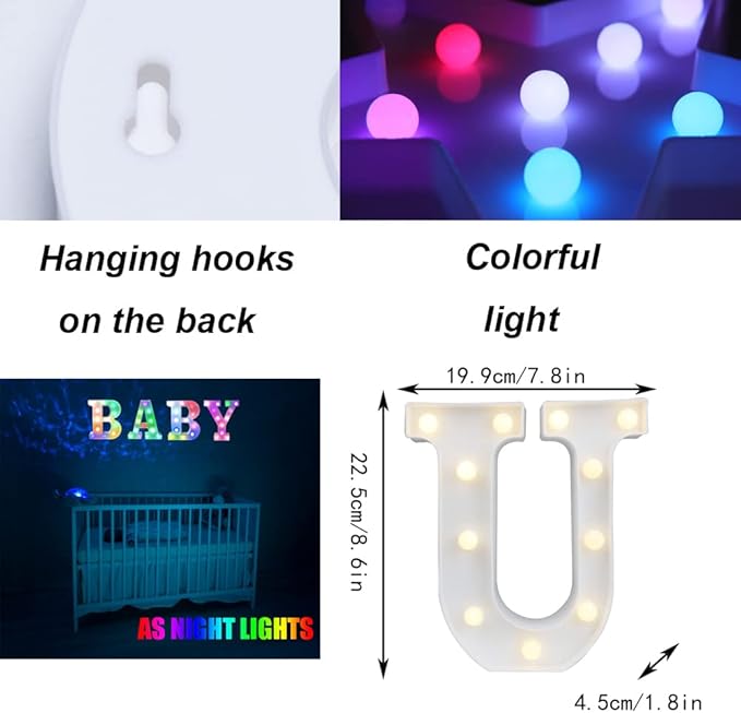 LED Marquee Letter Lights, 18 Colors Changing Light Up Letters with Remote, RGB Alphabet Letters Sign for Girls Boys Gift Birthday Party Night Light Bedroom Wedding Christmas Decor-Colorful U