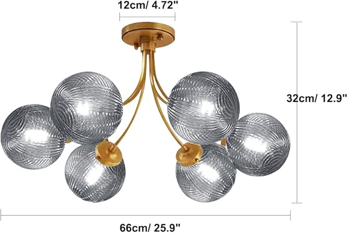 Gold Flush Mount Light 6-Light Glass Chandelier with Smoky Gray Globe Shade Mid Century Farmhouse Antique Gold Close to Ceiling Light for Entryway Hallway Foyer
