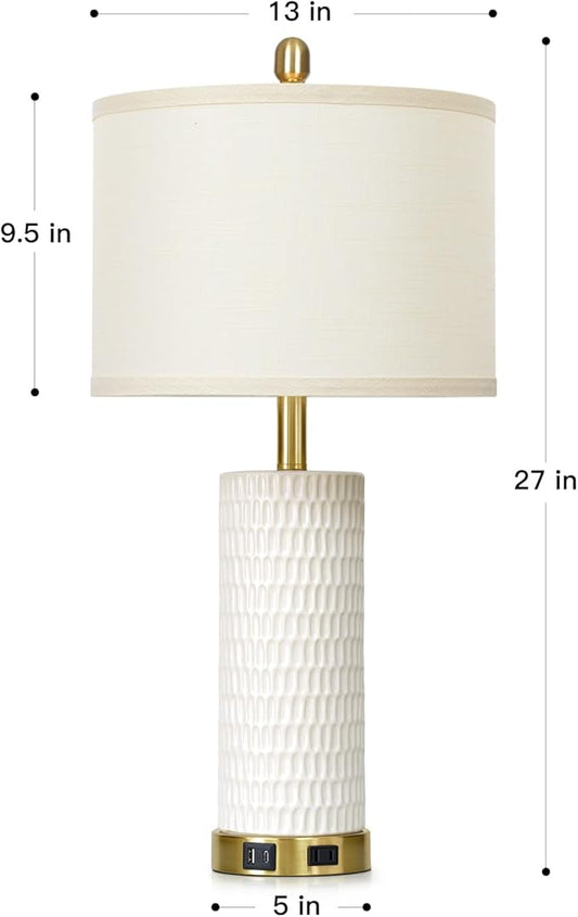 27" White Ceramic Lamps for Living Room, 3-Way Dimmable Touch Ceramic Table Lamp Set of 2 for Bedroom,Rustic Farmhouse Bedside Lamp with USB A+C & Outlets, Elegant Bedroom Lamp for Nightstand