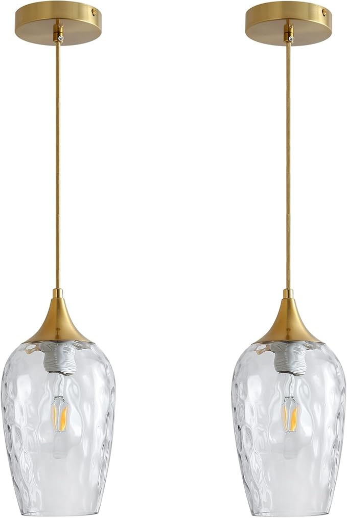 Glass Pendant Lights Kitchen Island 2 Pack, Gold Pendant Light Fixtures with Hand-Blown Clear Glass Modem Farmhouse Hanging Light for Kitchen Sink Dining Room Bedroom