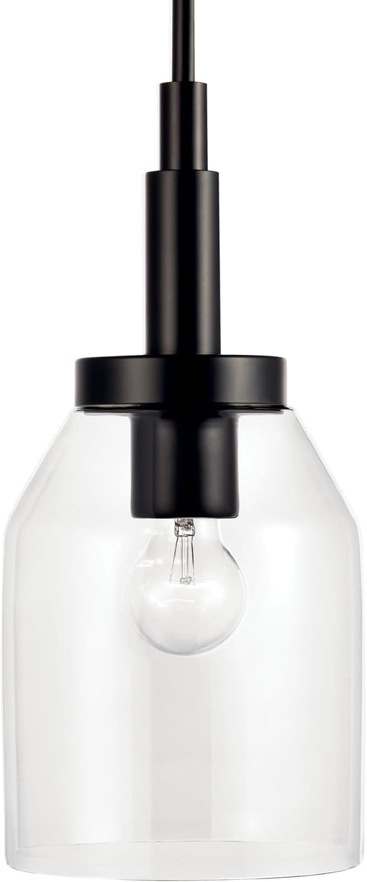 Kichler Madden 1-Light Mini Pendant Light with Clear Glass in Black, Modern Kitchen Island Hanging Light Fixture for Bathroom or Kitchen, Sloped Ceiling Compatible (15" x 7"), 52725BK