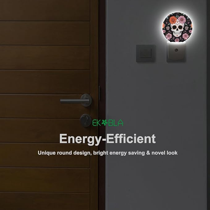 EKOBLA Floral Skull Plug-in Night Light, Skeleton & Flower LED Nightlight with Auto Sensor for Bedroom & Hallway