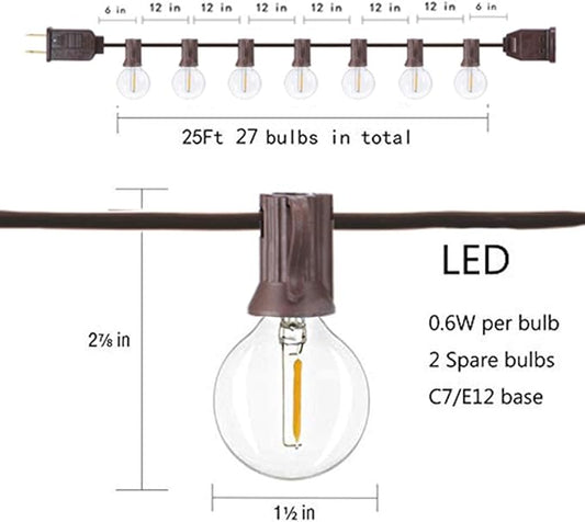 GOOTHY 25Ft Outdoor LED String Lights with 25 Shatterproof G40 LED Clear Globe Bulbs, Edison Vintage Bulbs Hanging Sockets, Decorative Lighting for Café Patio Porch Party Yard Christmas-Brown Wire