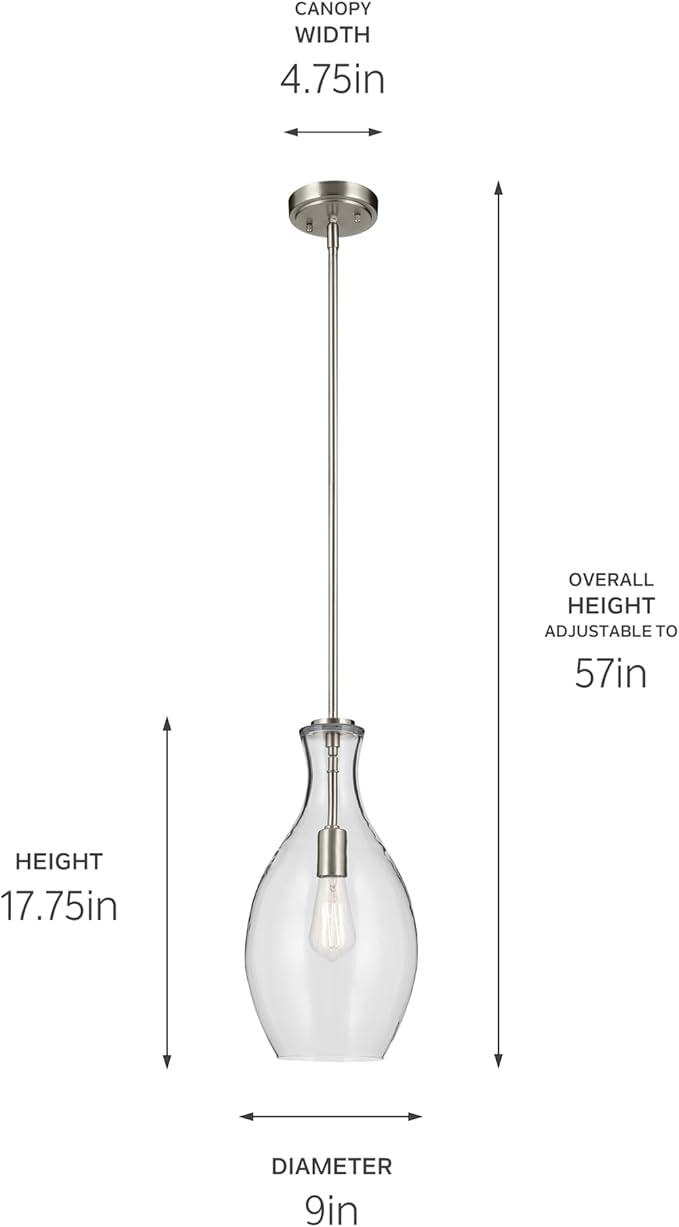 Kichler Everly 1-Light Bell Pendant Light with Clear Glass in Brushed Nickel, Modern Kitchen Island Hanging Light Fixture for Dining Room or Home Bar (17.75" x 8.75"), 42047NI