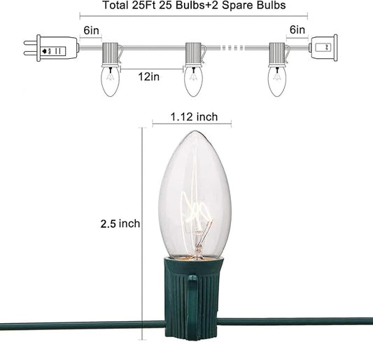 SUNSGNE C7 Christmas Lights, 25Ft Outdoor Christmas String Lights with 27 Clear Warm White Incandescent Bulbs, Xmas Vintage String Light for Patio, Cafe, Party Decor, Green Wire
