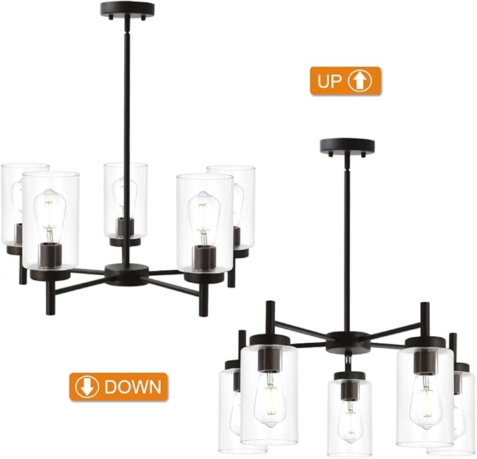 Contemporary 5-Light Large Chandeliers Oil Rubbed Bronze Modern Lighting Fixtures Hanging Clear Glass Shades Pendant Lighting for Dining Room Living Room Kitchen