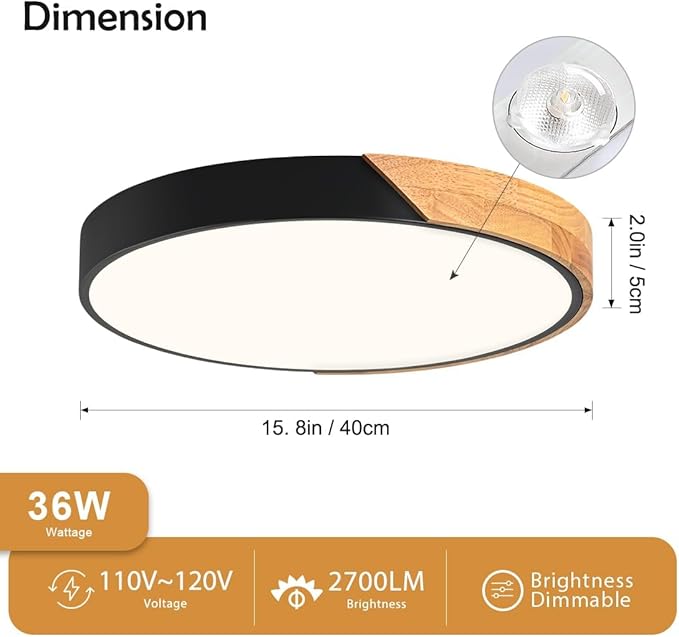 Modern Dimmable LED Ceiling Light, Minimalist Wood Style 5CCT 2700K-6000K Flush Mount Ceiling Light Fixture, Round Lighting Lamp for Bedroom Living Room Dining Room Laundry, Black, 15.8"