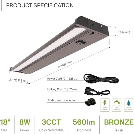 ASD Swivel LED Under Cabinet Lighting Plug in or Hardwired 18 Inch, Dimmable Under Cabinet Lights with High/Low/Off Switch, 3CCT 2700K-4000K, Linkable Under Counter Lights for Kitchen, Bronze, ETL